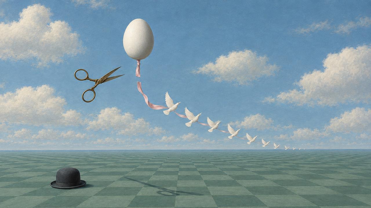Surreal illustration of vasectomy: scissors cut a pink ribbon connecting a white balloon to flying doves, symbolizing male sterilization